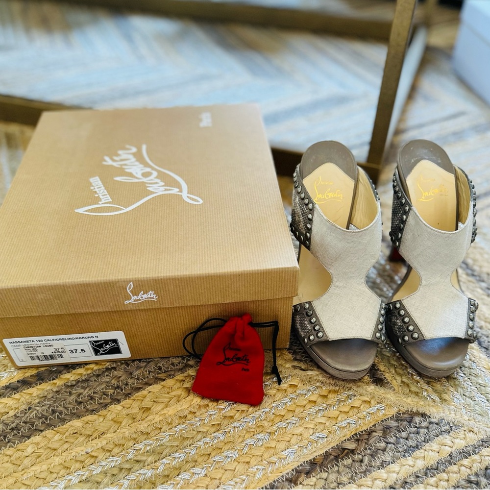 Christian Louboutin grey studded mules with snakeskin detail size 37.5